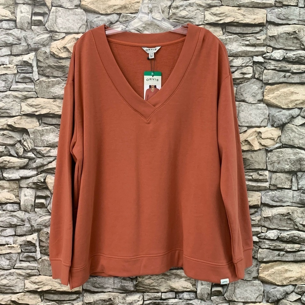 #16 Orvis Women's Coral Orange V-Neck Dropped Shoulders Sweatshirt Shirt Top XL